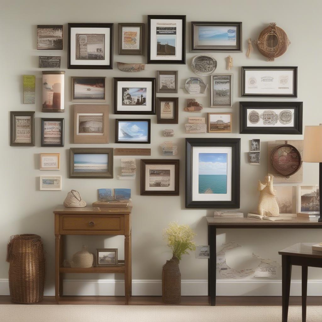 A gallery wall featuring various travel word art pieces and framed photos