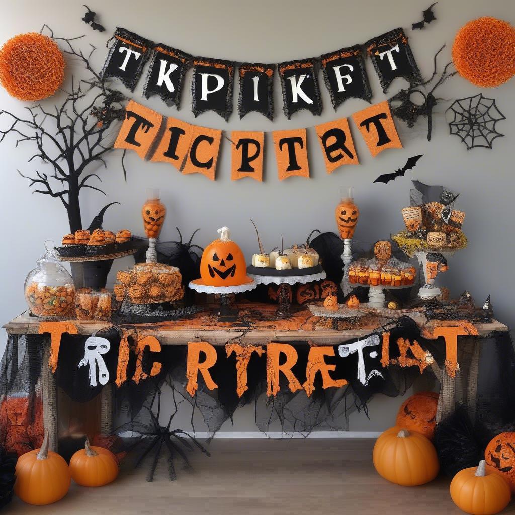 Trick or treat wooden signs used in different settings like a sweet table backdrop, wall decor, or hanging from a tree.