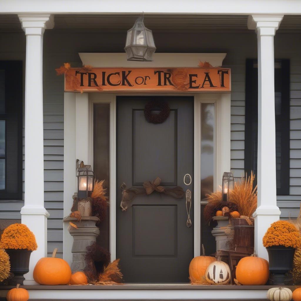 Trick or Treat Wooden Sign on a Front Porch