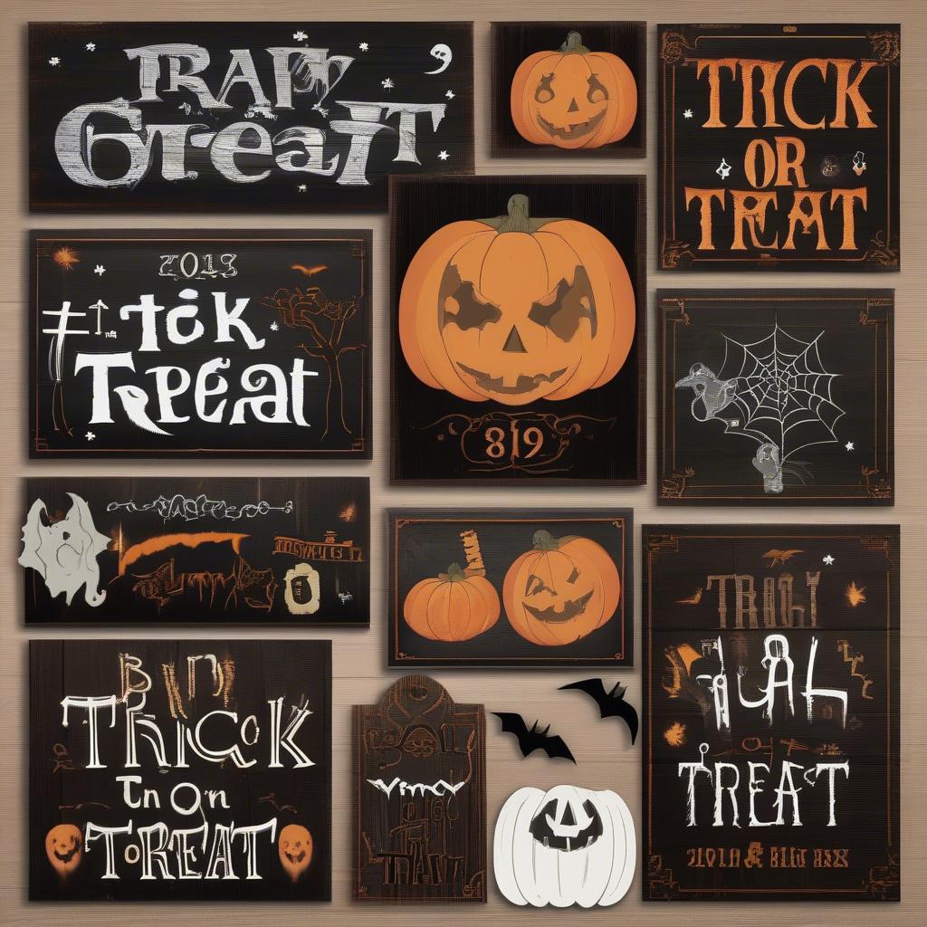 Various trick or treat wooden signs showcasing different styles, fonts, and colors.