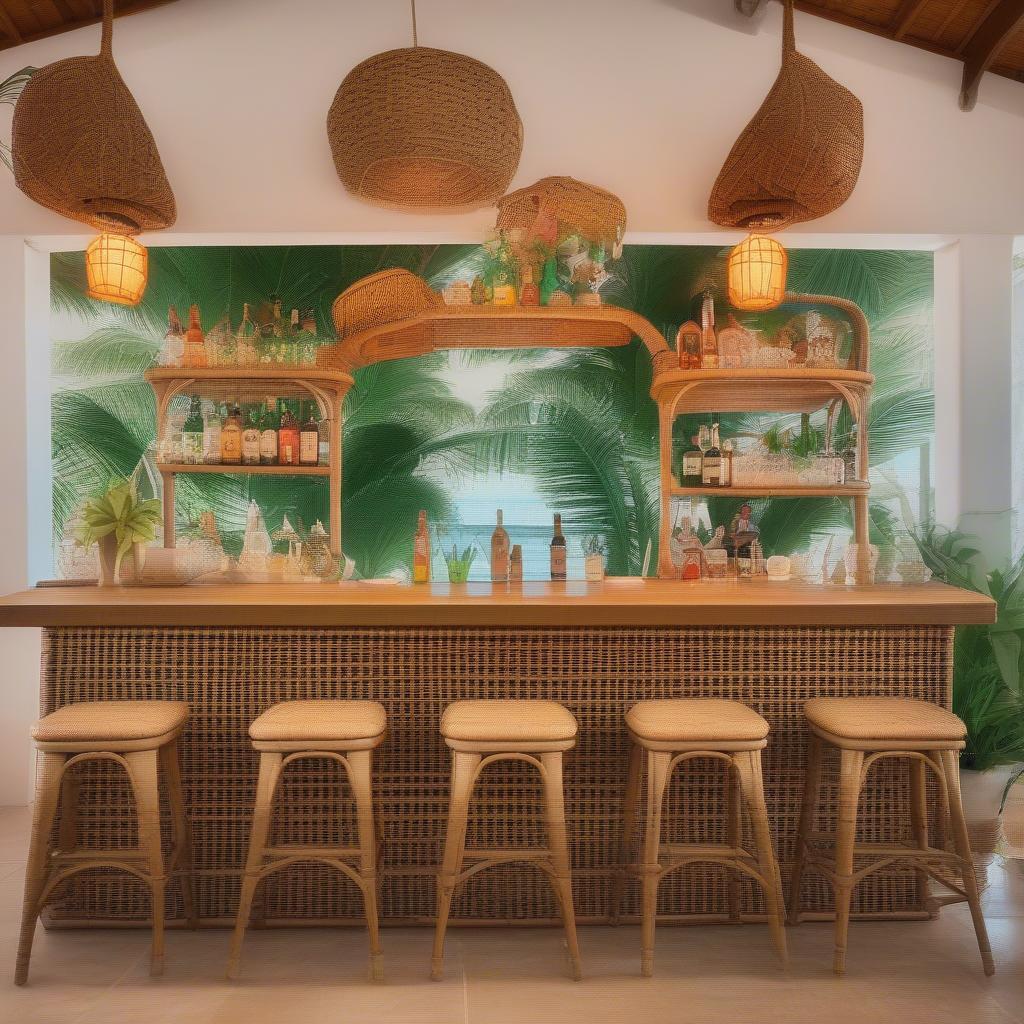 Tropical bar wall decor with rattan and wicker elements.