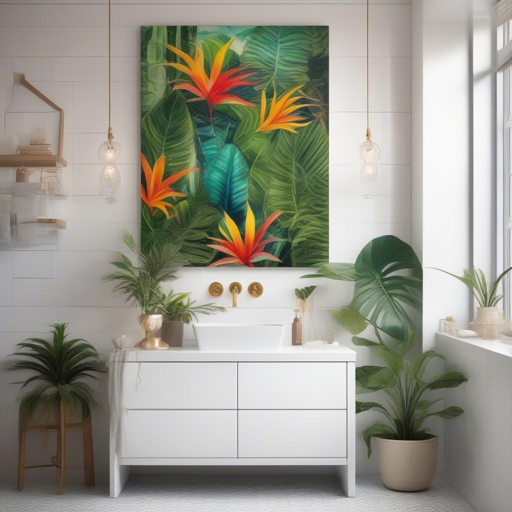 Tropical-themed canvas print in a bright, airy bathroom