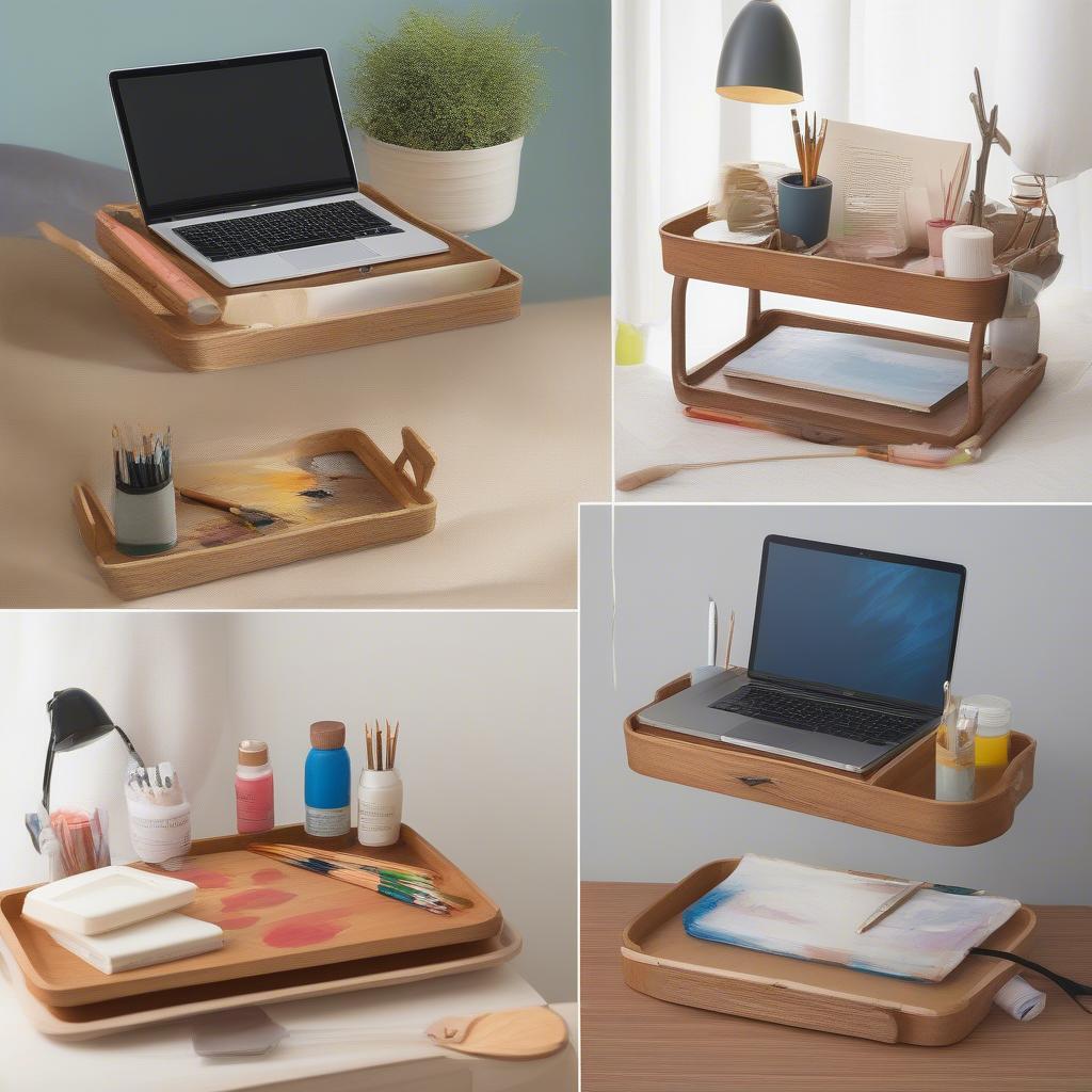 Using TV trays for different purposes like bedside table, craft station, and a temporary desk.