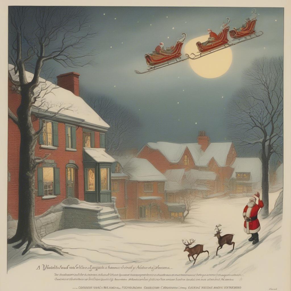 A vintage print of the original 'Twas the Night Before Christmas poem with Santa Claus and his reindeer