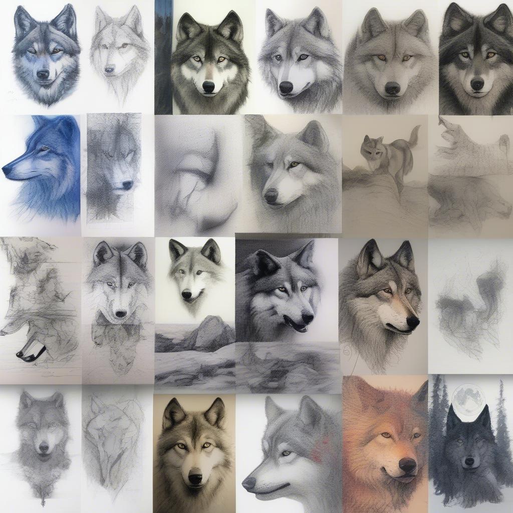 Different Artistic Styles of Two Wolves Drawings