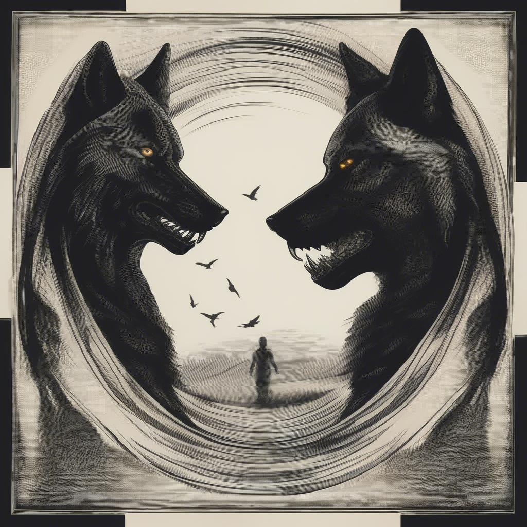 Two Wolves Fighting Within a Person's Silhouette