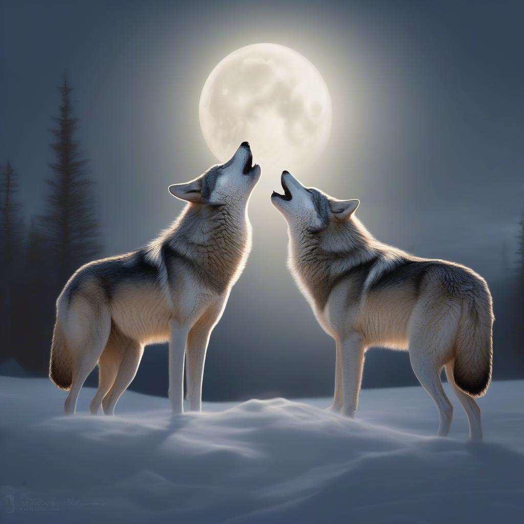 Two Wolves Howling at the Moon