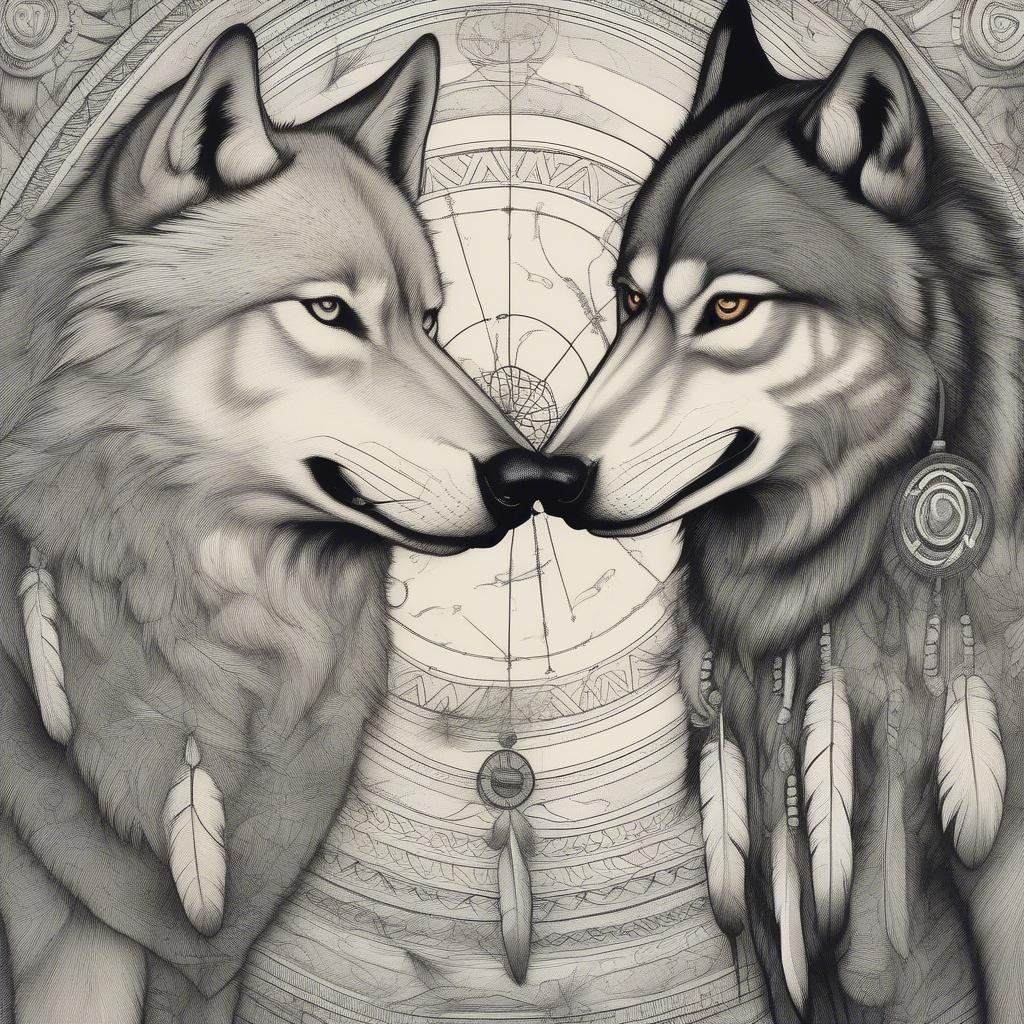 Two Wolves in Native American Style Art