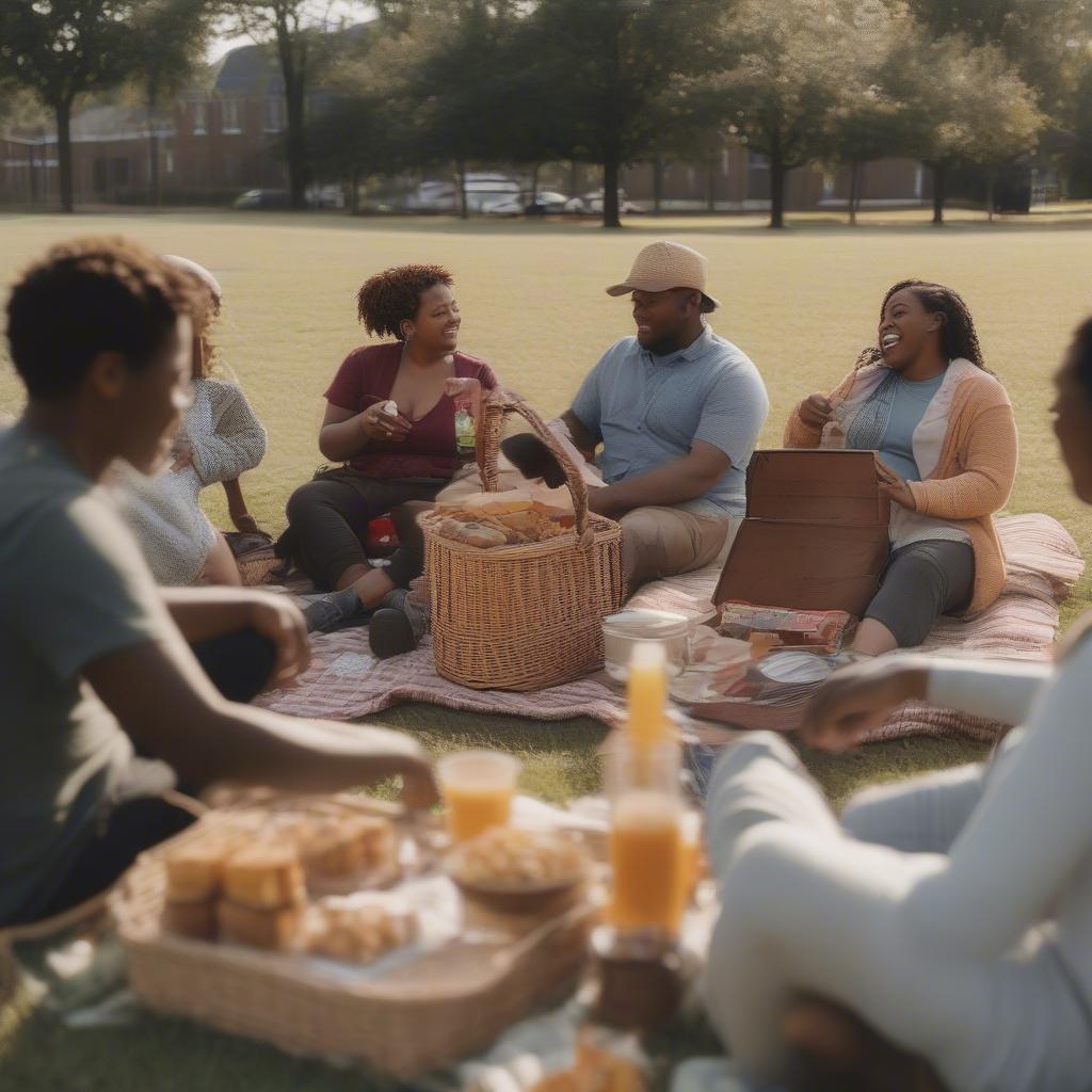 Community picnic with wicker baskets on a Tyler, TX sandlot