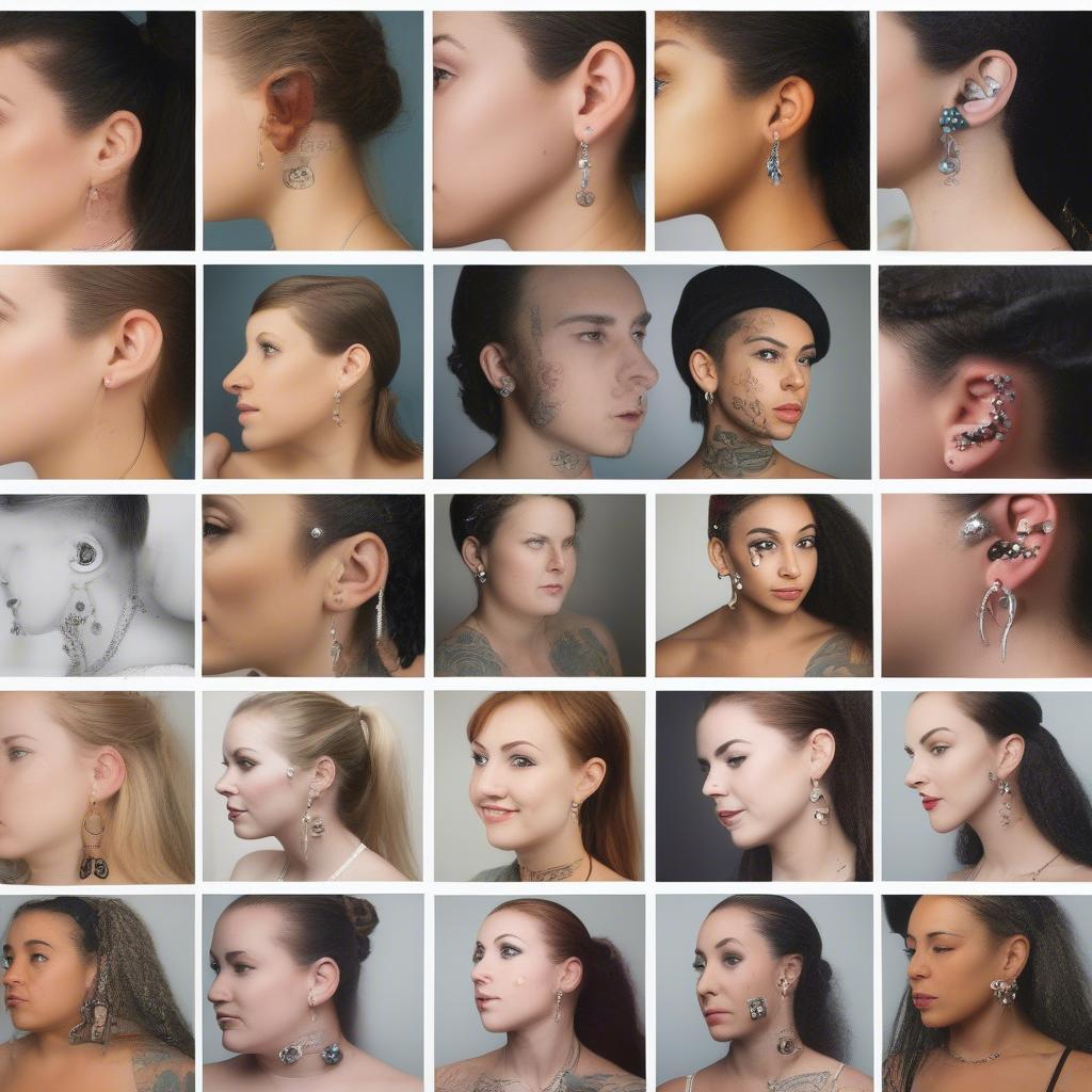 Various types of body piercings including ear, nose, and navel piercings.