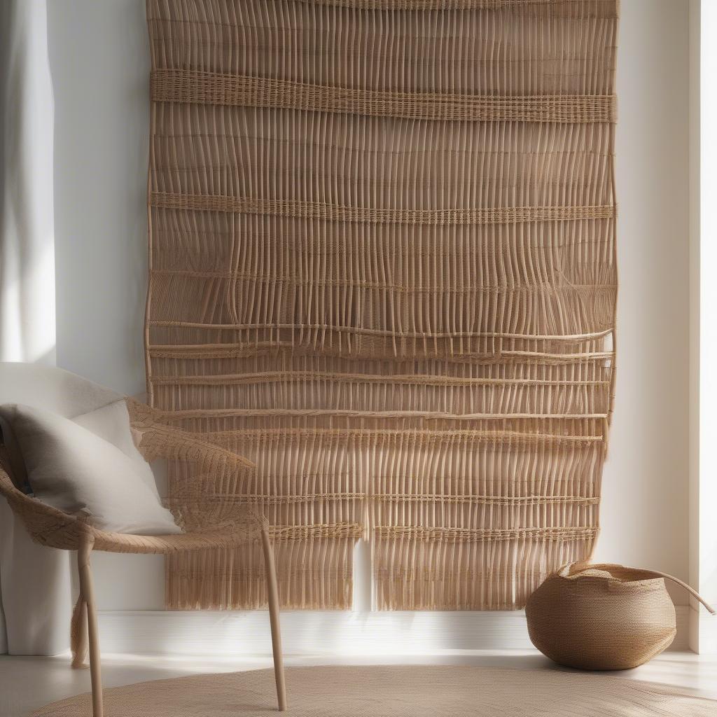 Unframed wicker wall art hanging in a modern living room showcasing the natural texture and organic appeal