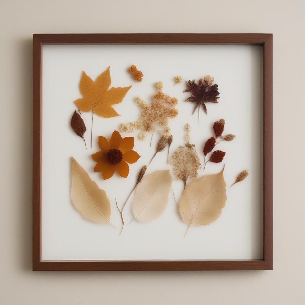 A 16x16 frame showcasing pressed flowers and dried leaves arranged in an artistic pattern, adding a touch of nature and whimsy to the space.