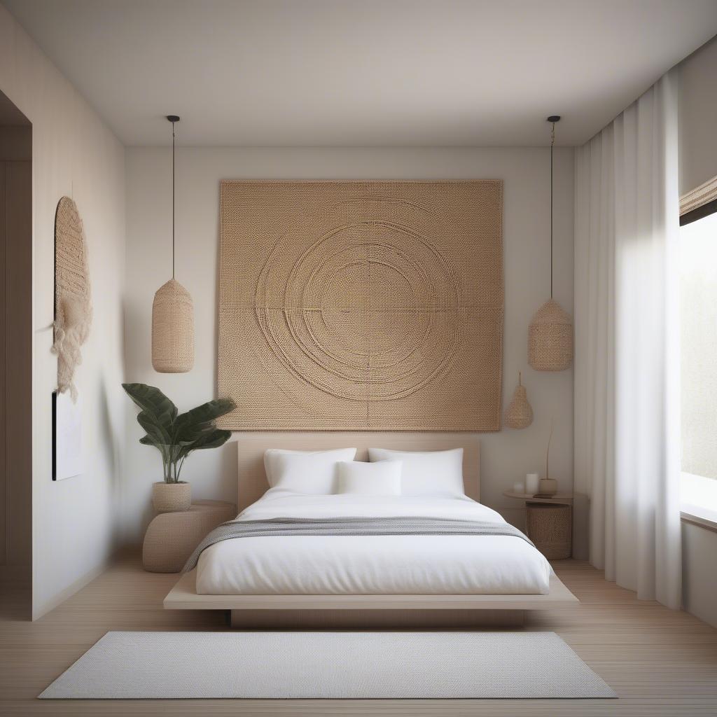 A large, unique rattan wall art piece hanging above the headboard in a minimalist bedroom, adding warmth and texture to the space.