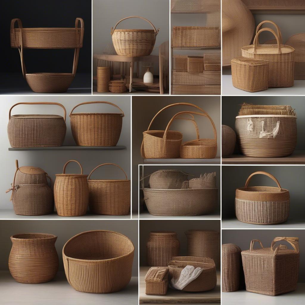 A variety of unique wicker baskets showcasing different shapes, sizes, and weaving patterns.