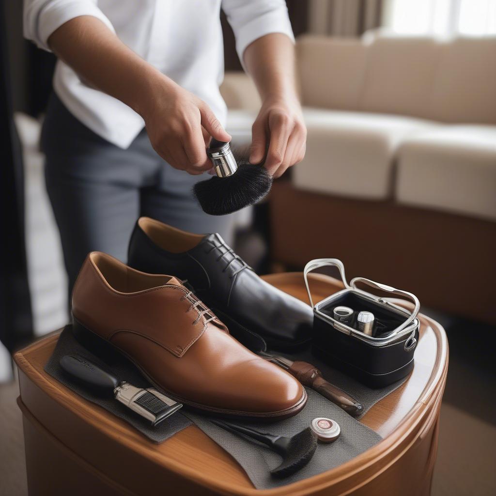 Using a travel shoe shine kit in a hotel room