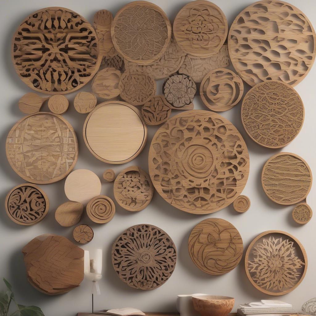 Different designs and styles of circle wood wall art.