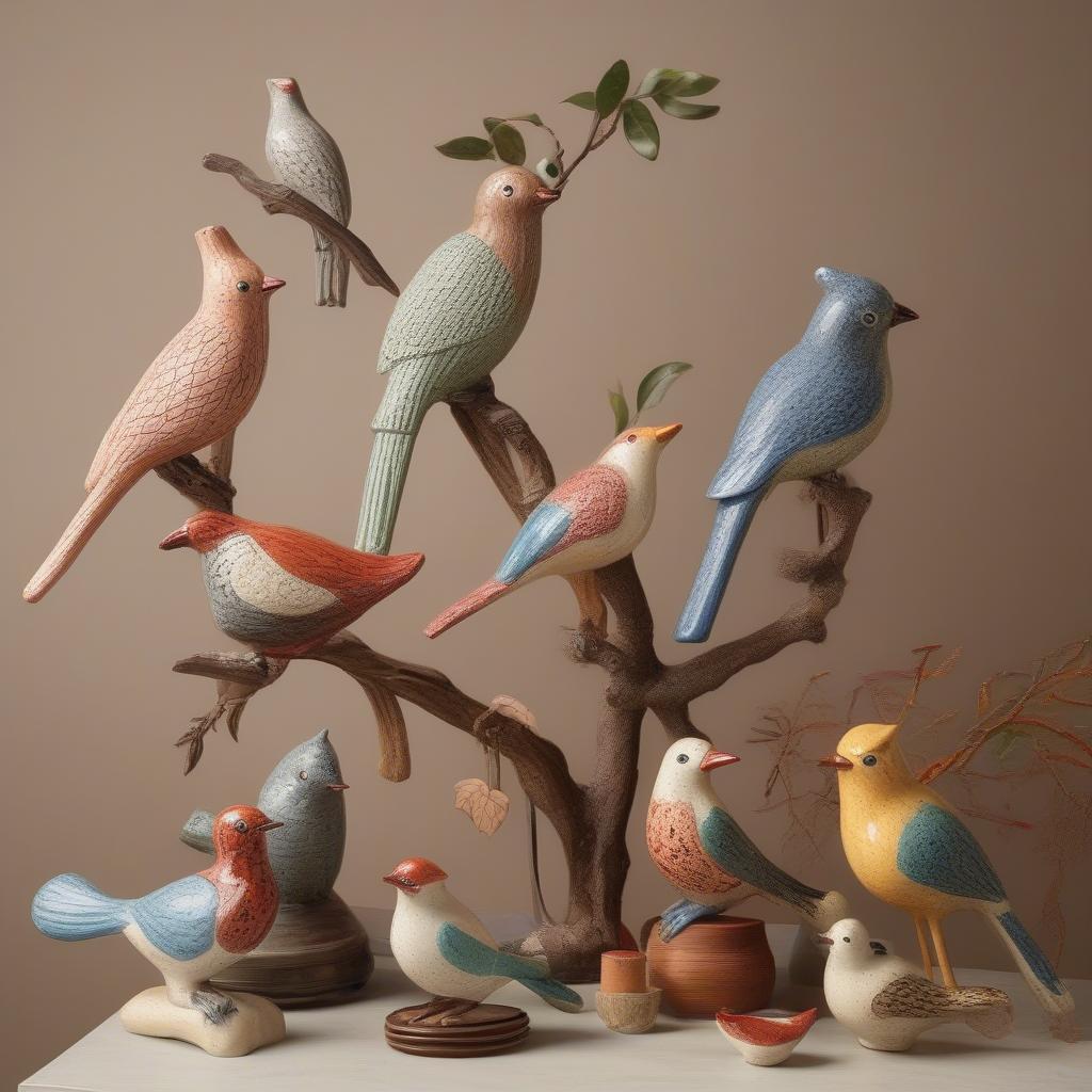 A variety of ceramic birds suitable for wicker decor