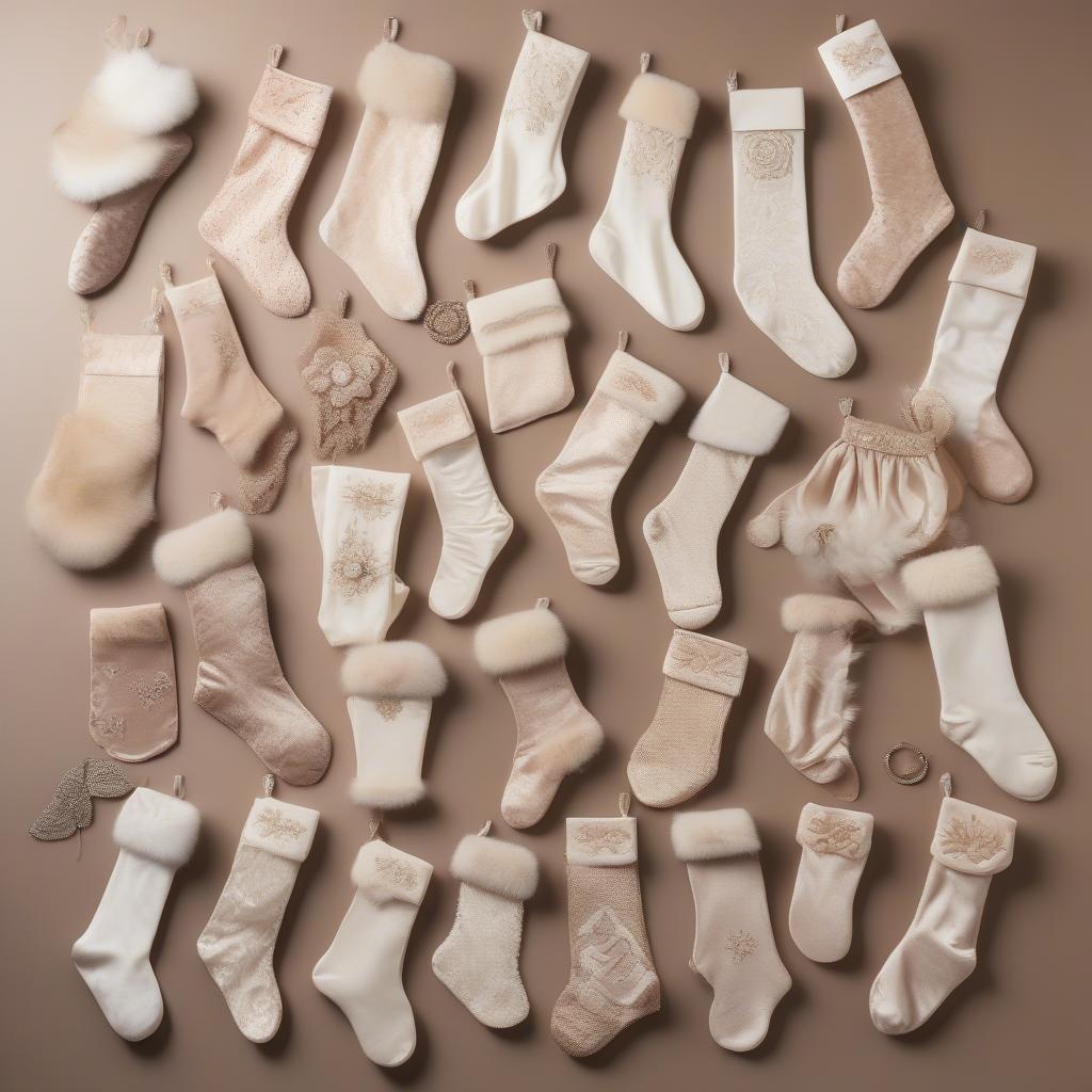 Different styles and sizes of cream velvet stockings.