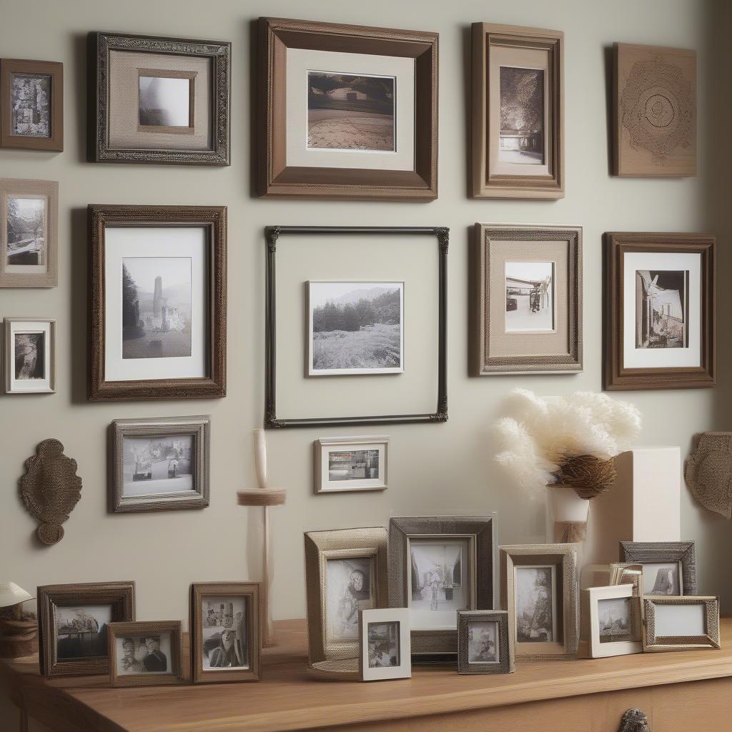 Display of various custom 5x7 picture frames in different materials and styles