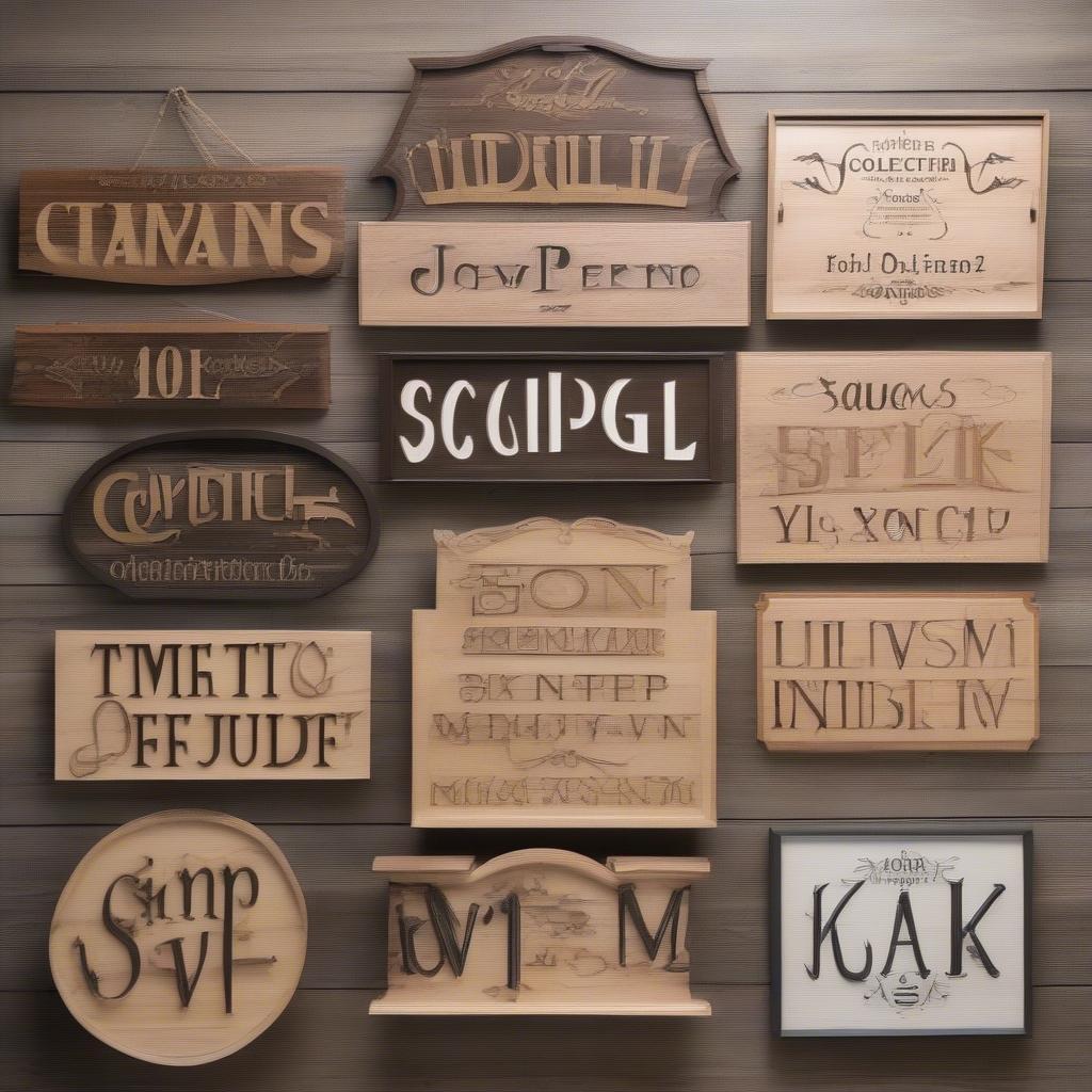 Different styles and sizes of personalized wood signs displayed on a wall.