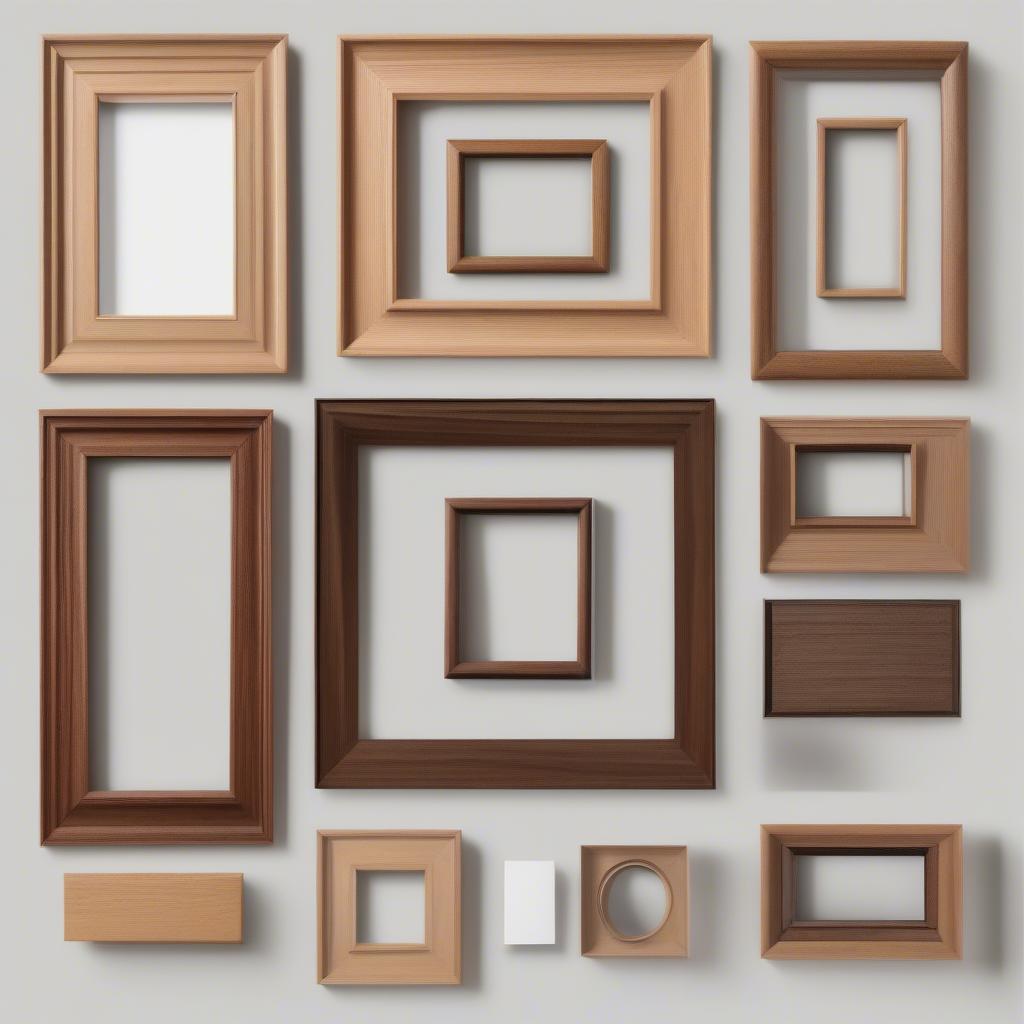 Variety of wood picture frames displaying different finishes and wood types