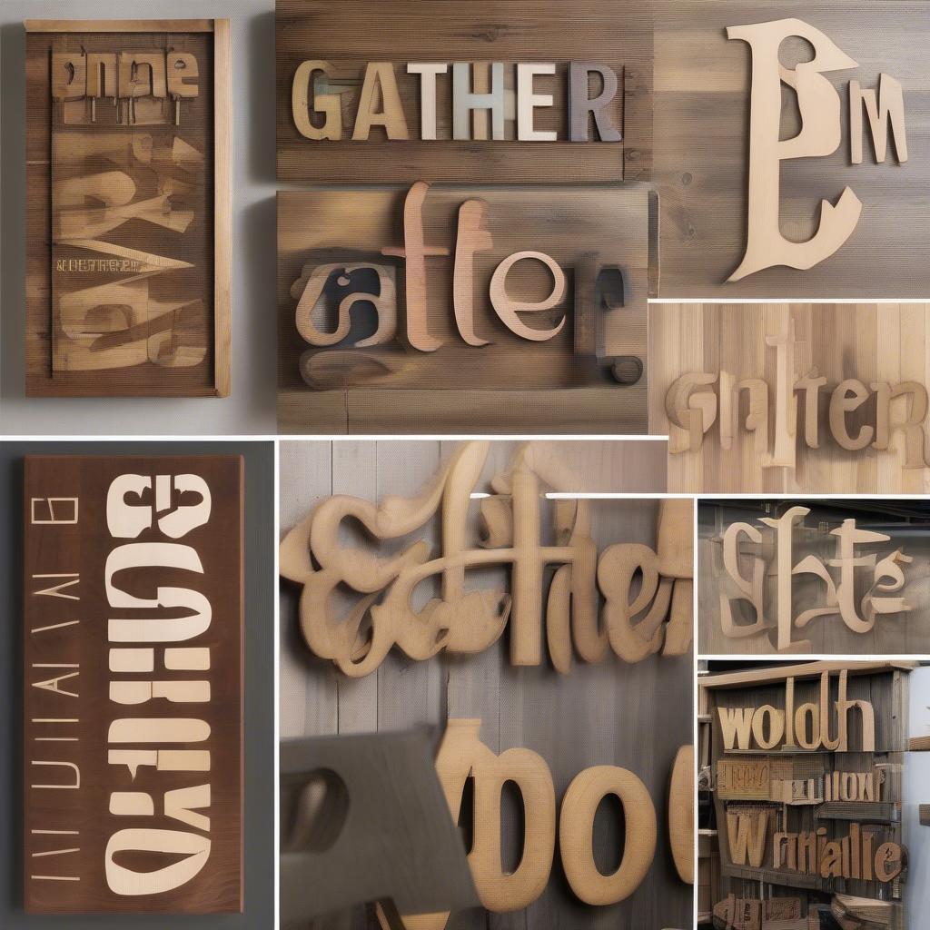 Different styles of wooden gather signs