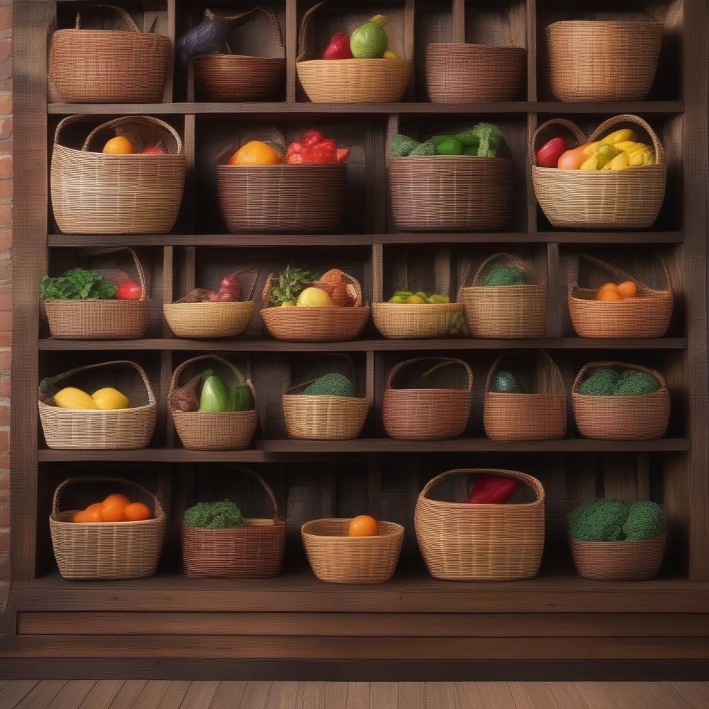 Different Styles of Wooden Woven Baskets Displayed on Shelves