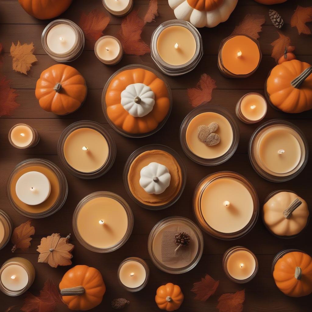 Variety of pumpkin pie candles in different shapes and sizes