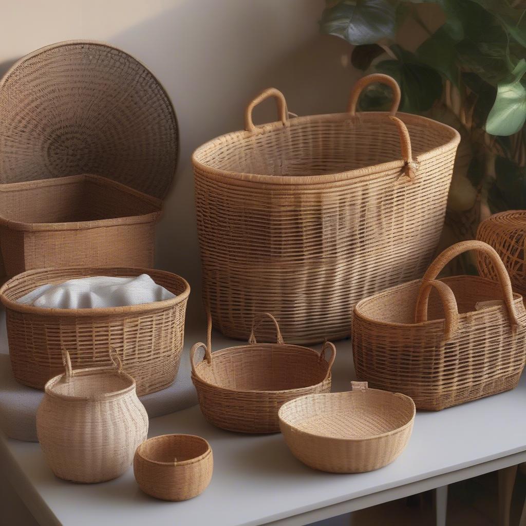 A variety of wicker and rattan baskets, showcasing different sizes, shapes, and weaving patterns.