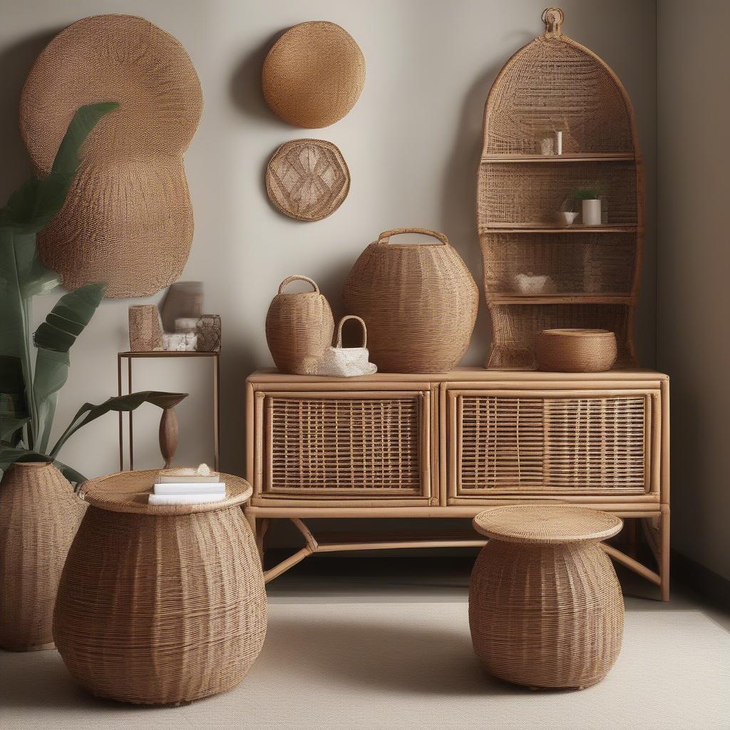 Variety of wicker and rattan products: baskets, furniture, and home décor