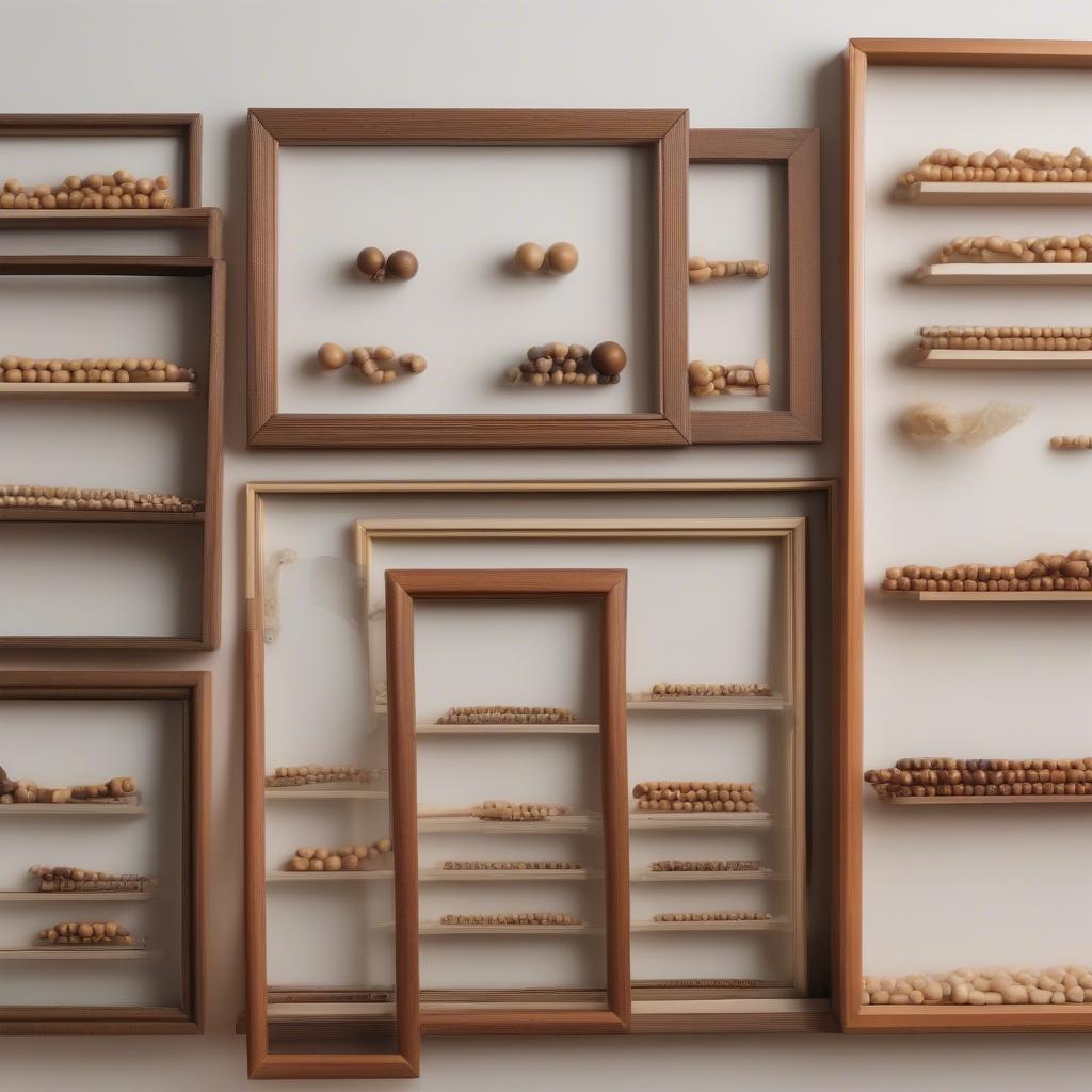 Different Styles and Sizes of Wood Bead Picture Frames Displayed on a Shelf