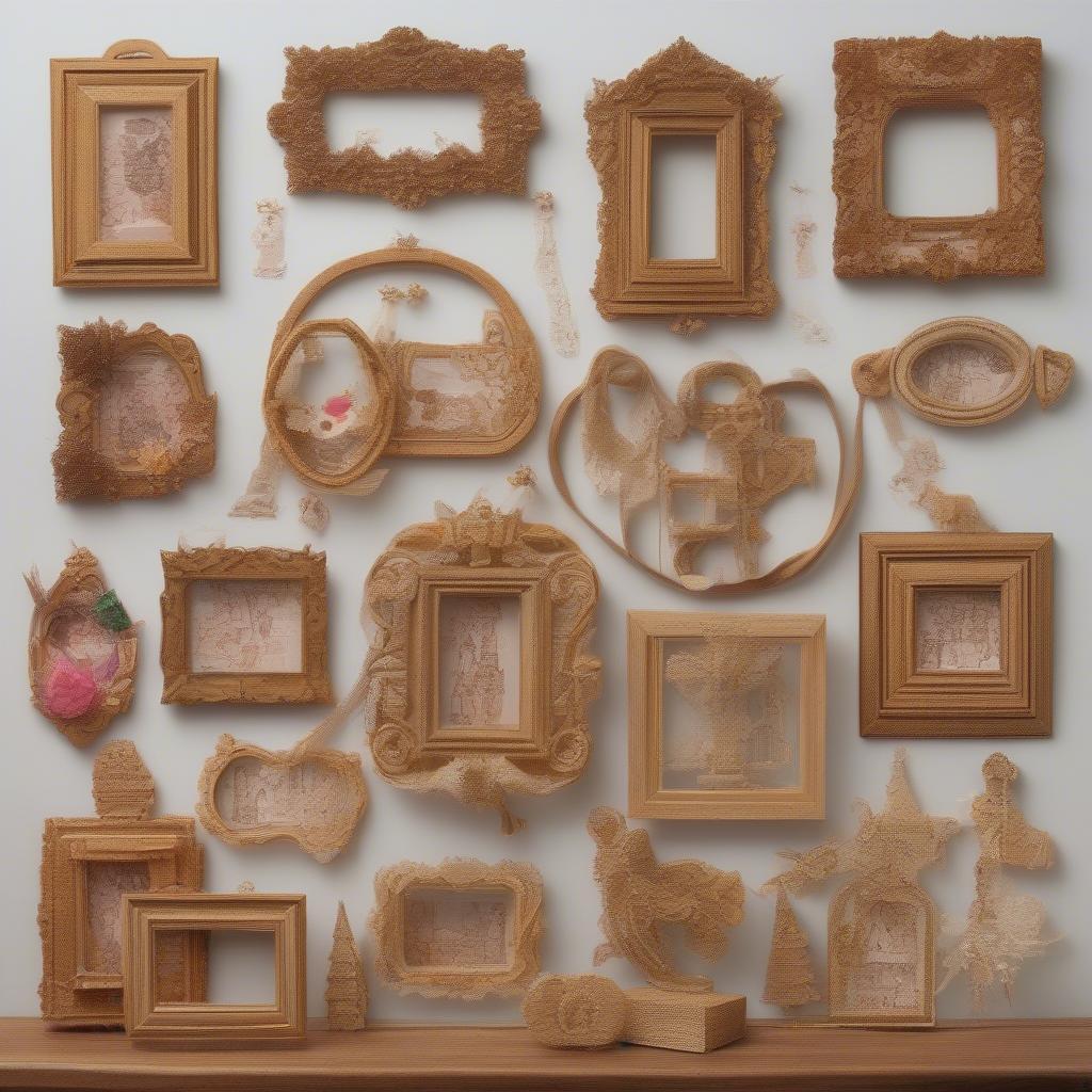 A variety of wooden frame ornaments displayed on a table, showcasing different shapes, sizes, and decorations.