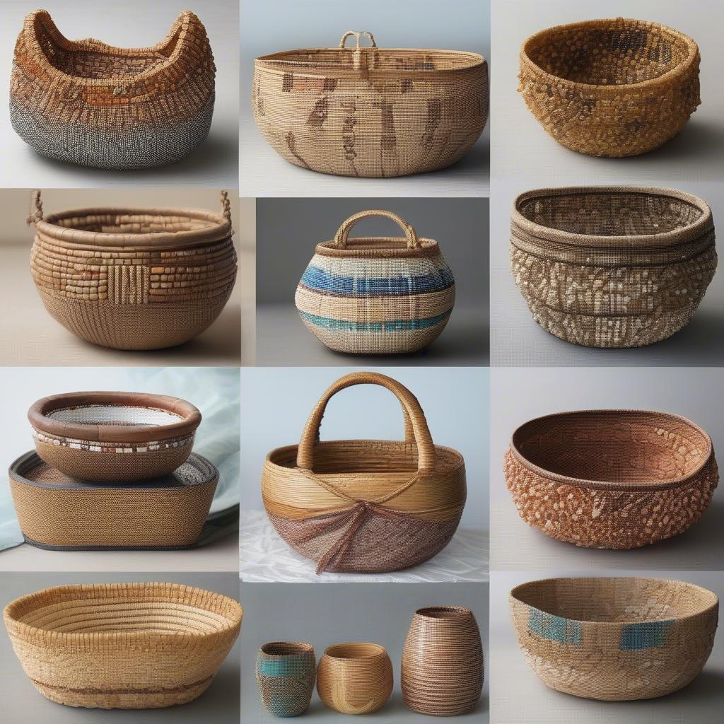 Different styles of beaded rims on rattan baskets showcasing various materials and techniques.