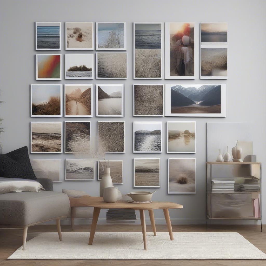 Different sizes of canvas prints displayed on a wall