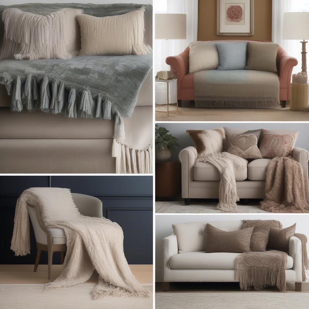 Different styles and colors of chenille throws with fringe displayed on furniture