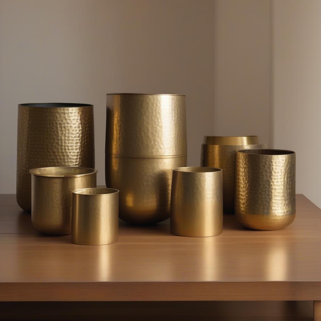 Different styles of hammered brass planters.