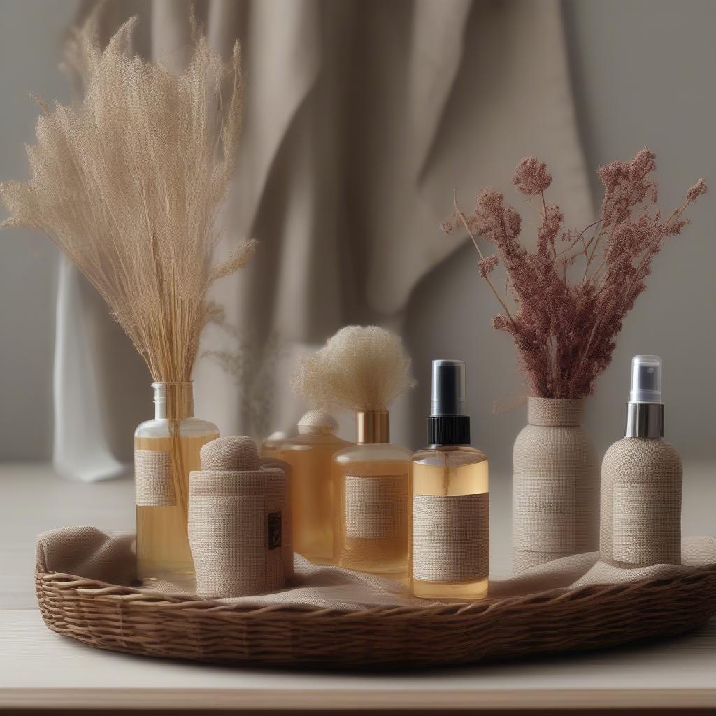 An assortment of linen spray bottles arranged on a table with accompanying dried flowers and wicker baskets