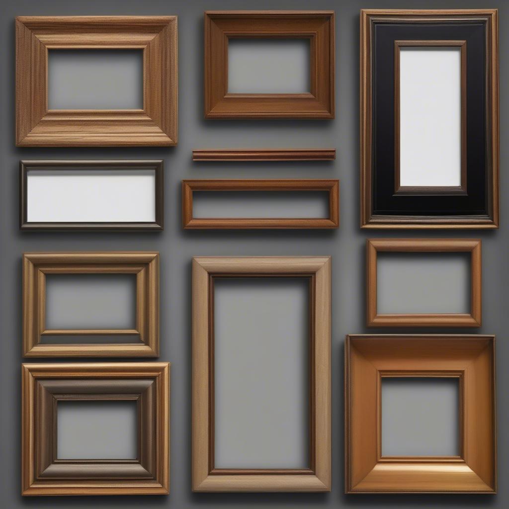 Different finishes and styles for photo frame wood, showcasing a variety of options for displaying artwork.