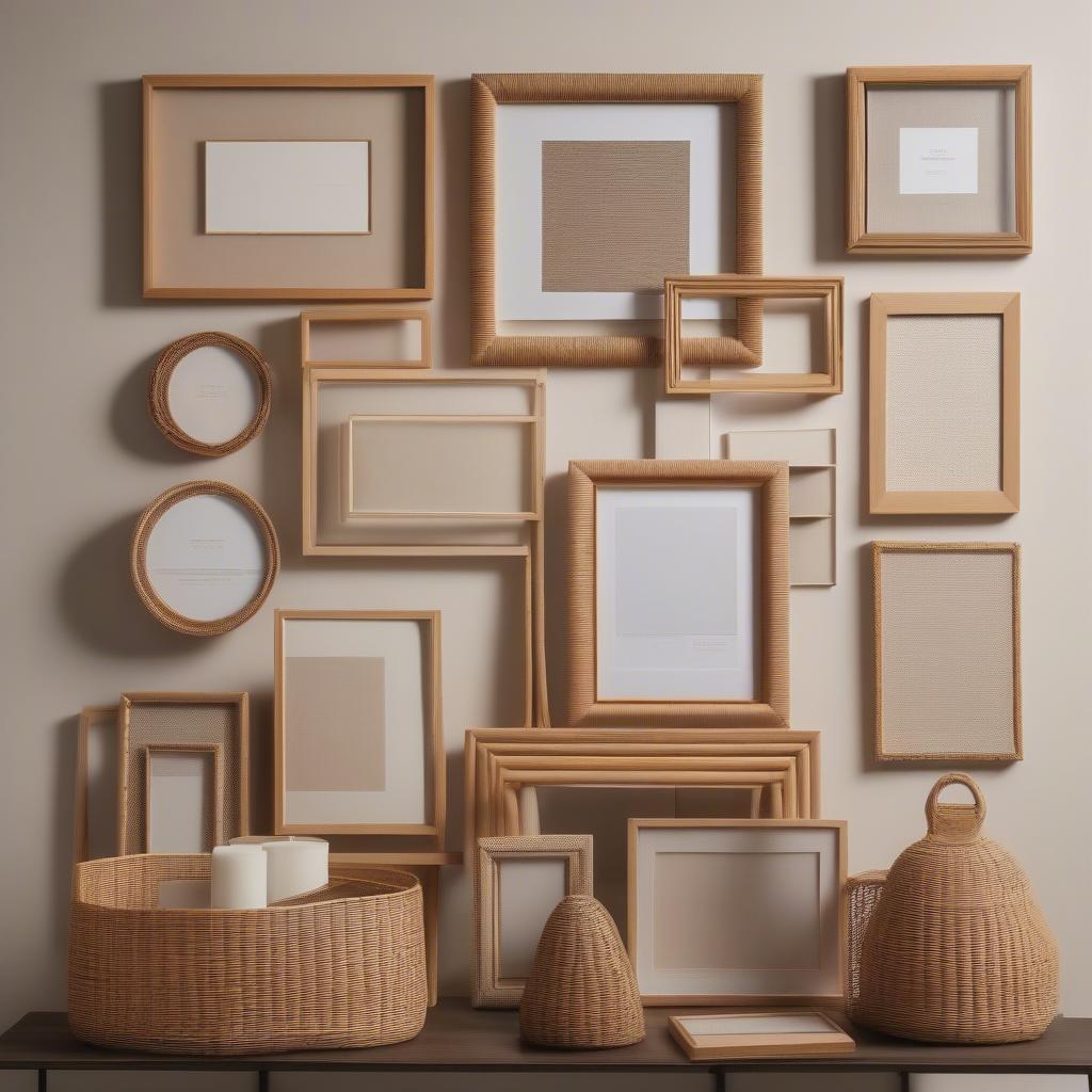 A collection of picture frames showcasing various materials including wood, metal, wicker, and rattan.