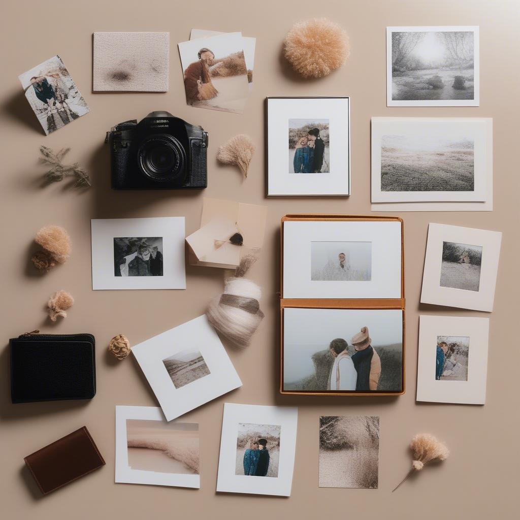 A collection of small printed photos showcasing different sizes, finishes, and framing options.