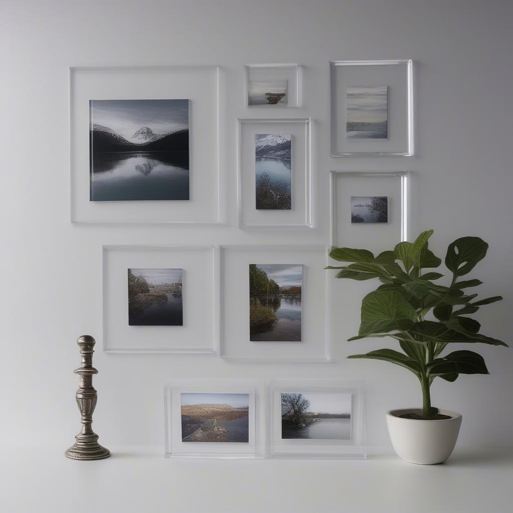 Different sizes of clear acrylic photo frames showcasing various image sizes and orientations.