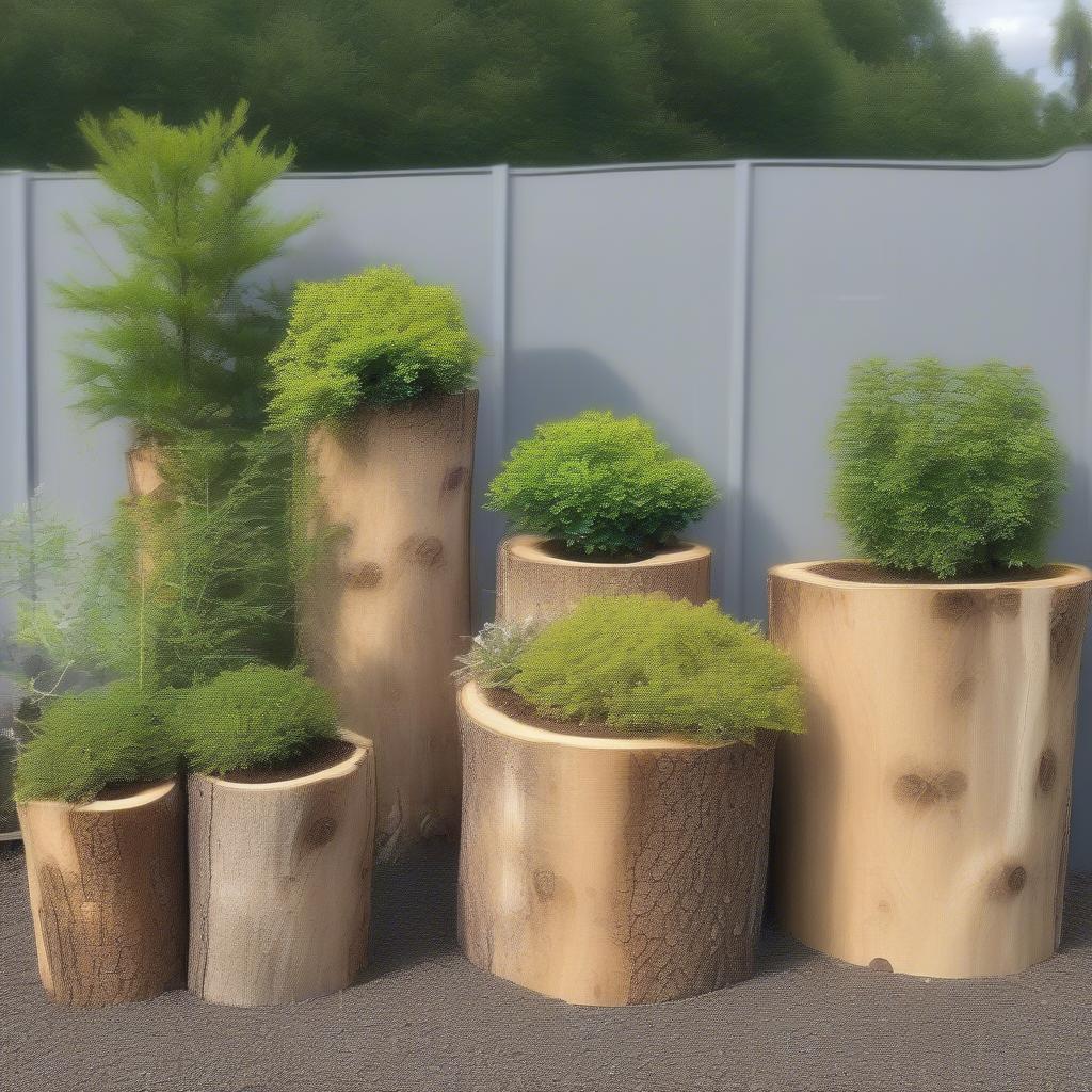 Different sizes of tree log planters for various plant types