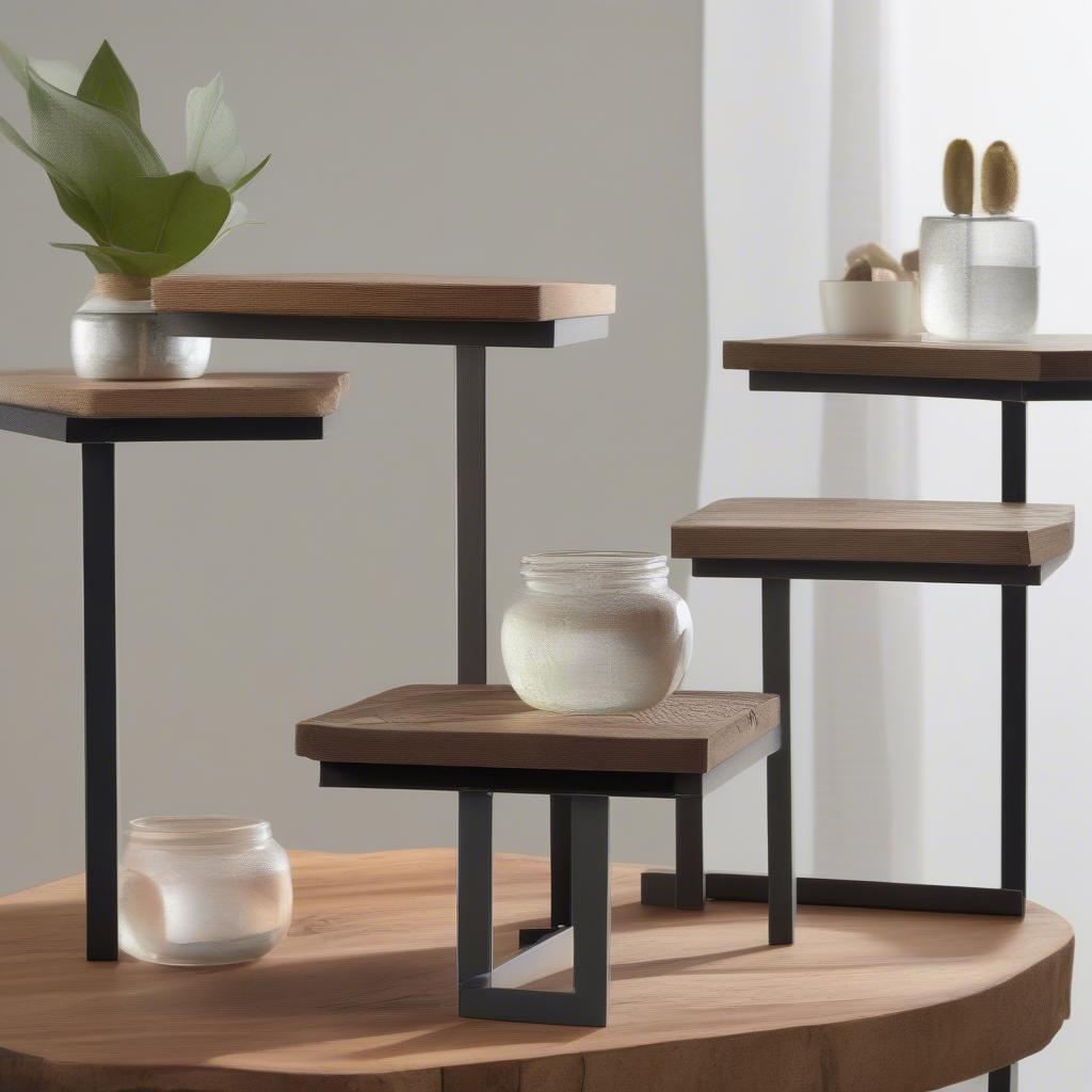 Different table top risers made from various materials like wood, metal, and acrylic