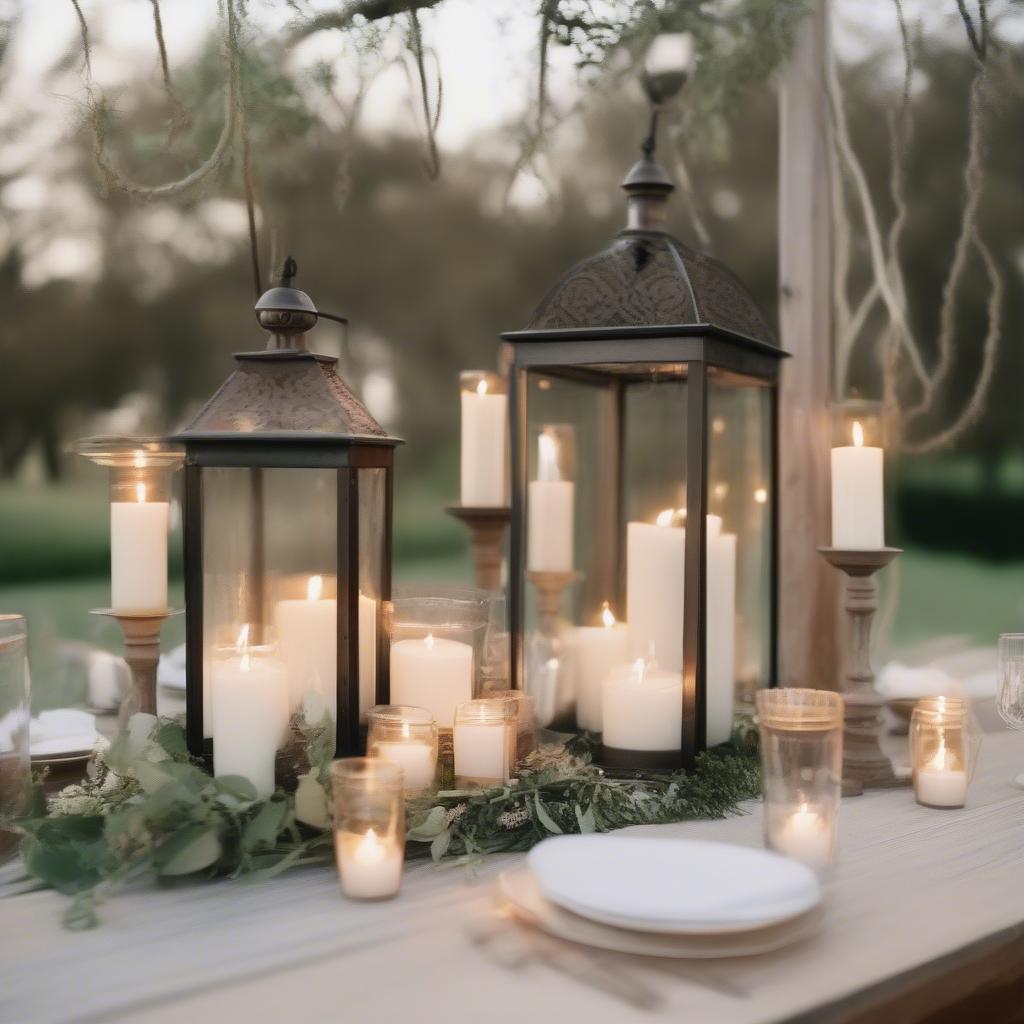 Different types of hanging candles displayed in a variety of holders and settings.