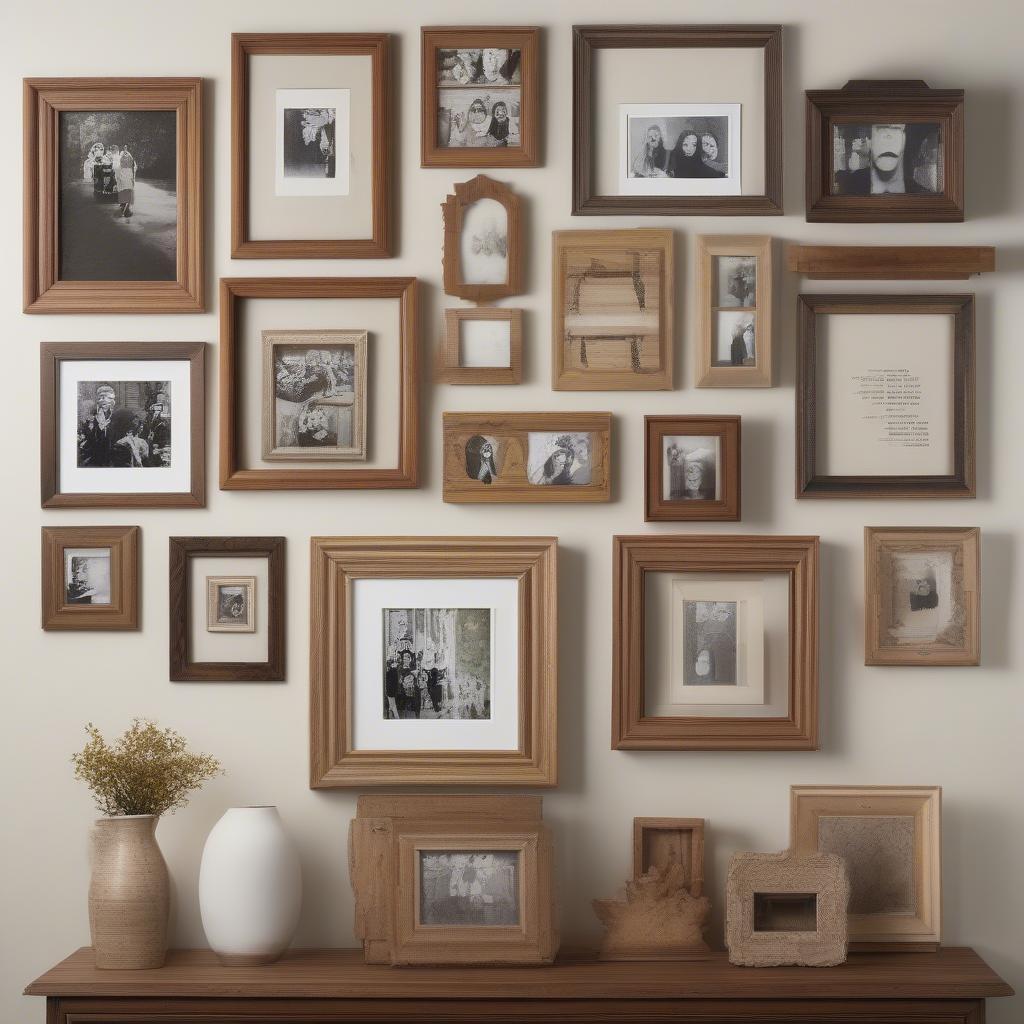 Various Wooden Collage Photo Frames on a Wall