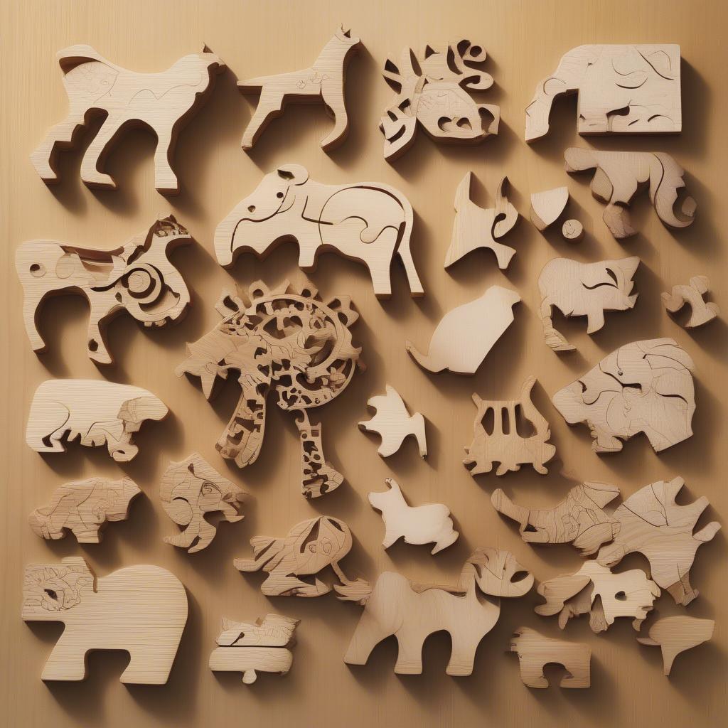 Different shapes and cuts of wooden puzzle pieces demonstrating intricate craftsmanship