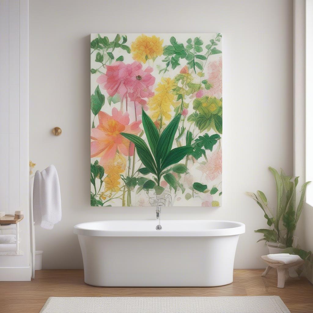 Vibrant botanical canvas print in a modern bathroom