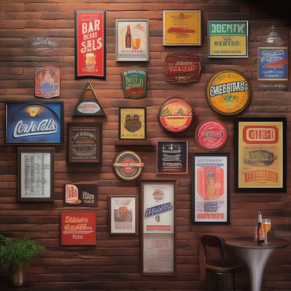 Collection of vintage bar signs on a wall