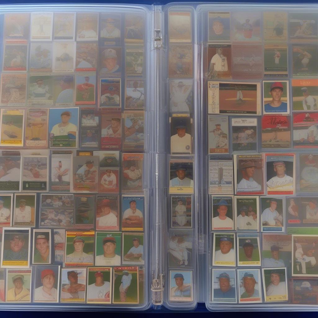 A collection of vintage baseball cards displayed in protective sleeves.