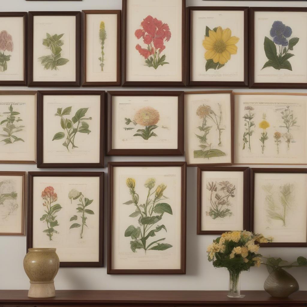 Vintage Botanical Prints Framed in a Wall Display